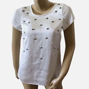 White House Black Market White Short-Sleeve Embellished Scoop Neck Blouse